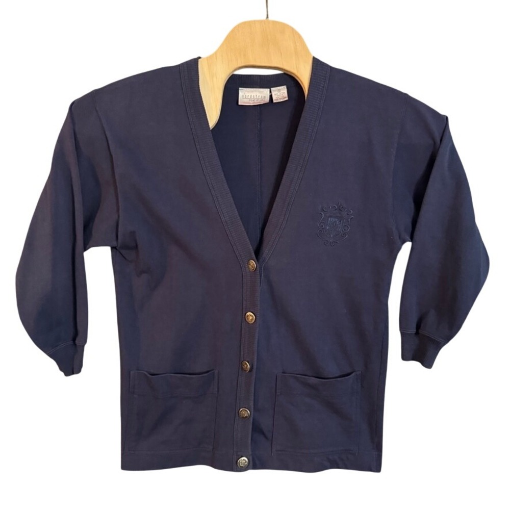 Nordstrom Point of View Navy Blue Cotton Crest Button Cardigan Sweater Small